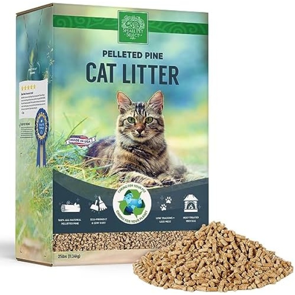 Small Pet Select Premium Pine Pelleted Cat Litter, 100% All Natural Pellet Kitty Litter, Non Clumping Non Tracking Low Dust Litter Meant for Use with Sifting Litter Box, Made in USA, 25 lbs