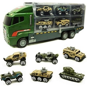 Smart Novelty Die Cast Emergency Trucks Vehicles Toy Cars Play Set in Carrier Truck - 7 in 1 Transport Truck Emergency Car Set for Kids Gifts (Army Vehicle Set)