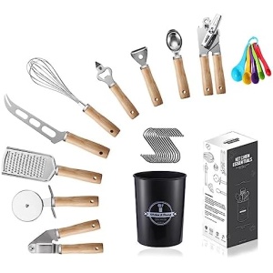 Stainless Steel Kitchen Gadget Set With Wooden Handle Hongtu 27Pcs Cooking Utensils Set Dishwasher Safe,Anti-slip Heat Insulation,Whisk,Peeler,Cutting,Grater,Can Opener,Garlic Press, Corkscrew, Knife