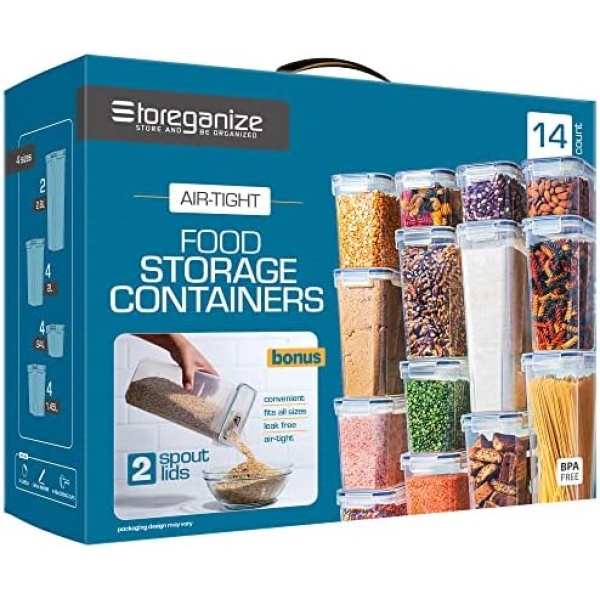 Storeganize 14pc Airtight Food Storage Containers With Lids, Great Pantry Storage Container Set WITH INGENIOUSLY DESIGNED LIDS For Rice, Kitchen Storage Containers For Pantry Organization and Storage