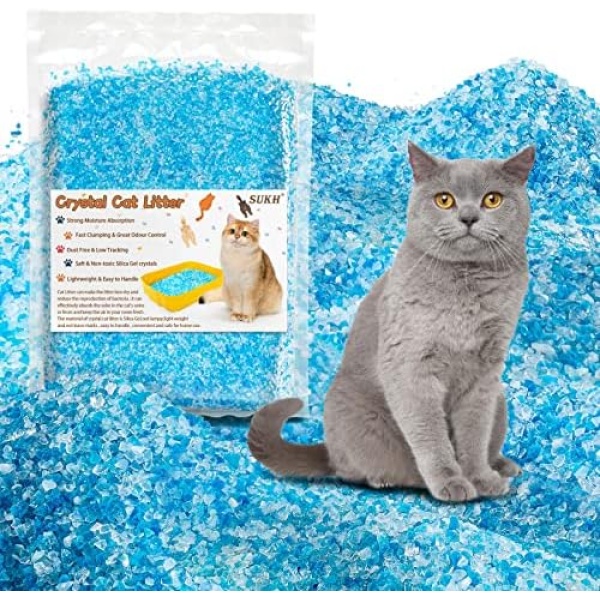Sukh 14.8 OZ Crystal Cat Litter - Cat Litter Crystals Premium Blue White Clear Dust-Free Low Tracking,Odor Control Litter Crystals Silica Gel Color Particles Water Absorption Cats Litter Pet Supplies
