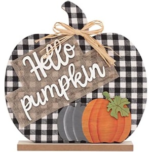 Super Holiday Fall Hello Pumpkin Sign Decorations, 12"/30CM Wooden Autumn Buffalo Plaid Tabletop Decor, for Home Farmhouse Living Room Harvest Day Thanksgiving Decor.
