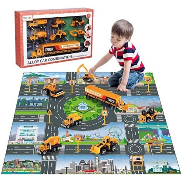 TEMI Diecast Engineering Construction Vehicle Toy Set w/Play Mat,Truck Carrier,Forklift,Bulldozer,Excavator,Mixer,Dump Truck, Alloy Metal Car Toys Set for 3 4 5 6 Years Old Toddlers Kids Boys & Girls