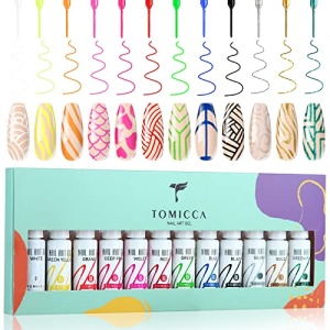 TOMICCA Gel Polish Nail Art Liner Kit 12 Pcs Colors Neon Gel Nail Polish, Gel Liner Nail Art for Nails Art Line Drawing, Glitter Colors Paint Swirl Built Thin Brush in Bottle Soak Multicolor Set