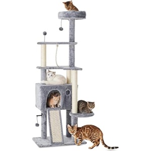 TSCOMON 64in Large Cat Tree Cat Tower for Indoor Cats, Multi-Level Cat Furniture Condo Cat Caves Cat House with Hang Ball Toys and Cat Sisal Scratching Posts for Kittens Pet House Play, Grey, CT04