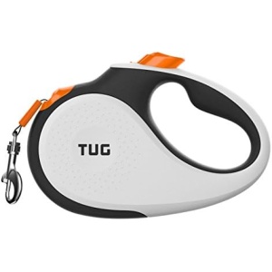 TUG 360° Tangle-Free Retractable Dog Leash with Anti-Slip Handle | 16 ft Strong Nylon Tape | One-Handed Brake, Pause, Lock (Small, White/Orange)