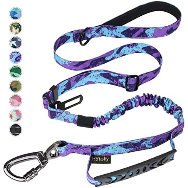 Tactical Dog Leash, Heavy Duty Dog Leash for Medium Large Dogs, 4Ft 6 Ft Shock Absorbing Retractable Strong Dog Leash, Padded Double Handle Military Dog Leashes with Car Seatbelt for Training, Purple