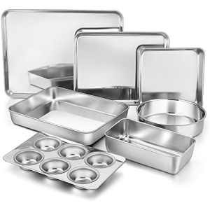 TeamFar Bakeware Sets of 7, Stainless Steel Bakeware Sets for Oven, Baking Sheet & Toaster Oven Pan, Square & Round Cake Pan, Muffin Pan & Loaf Pan, Lasagna Pan, Healthy & Sturdy, Dishwasher Safe