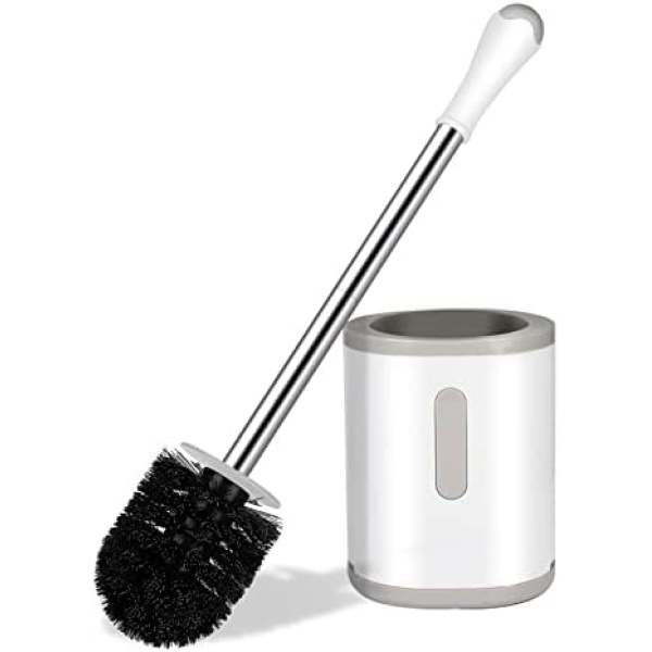 Toilet Brush and Holder, Compact Size Toilet Bowl Brush with Stainless Steel Handle, Small Size Plastic Holder Easy to Hide, Space Saving for Storage, Drip-Proof, Easy to Assemble, Deep Cleaning
