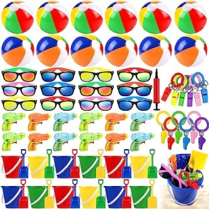 Tounature 60 Pieces Beach Pool Party Favors 12 Kids Neon Sunglasses 12 Inflatable Beach Balls Bulk, 12 Sand Bucket and Shovels Set 12 Beach Summer Water Games Toys 12 Whistle for Pool Party Supplies