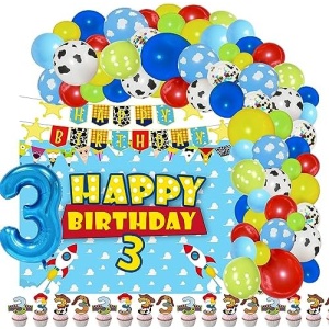 Toy Inspired Story Birthday Party Supplies 3rd Birthday include Cartoon Story Balloons Arch Banner Backdrop Cupcake Topper 3 Foil Number Balloon for Boys 3rd Birthday Decorations