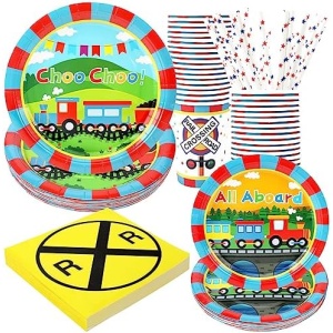 Train Party Supplies Decorations, Kids Birthday Paper Plates and Napkins Set with Cups and Straws for 24 Guests, 120 Pcs Disposable Party Dessert Dinnerwares