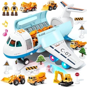 Transport Cargo Airplane, Large Theme Airplane Toy Set, Educational Toy Vehicle Play Set with Smoke Sound and Light, Fricton Powered Plane with Mini Cars and Men, Birthday Gift for Boys and Girls