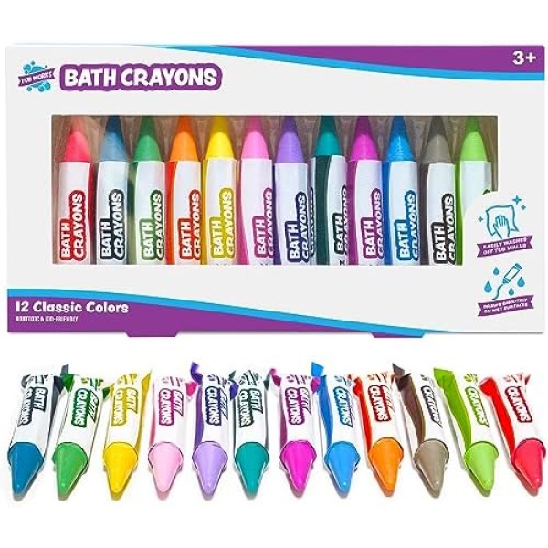 Tub Works™ Smooth™ Bath Crayons Bath Toy, 12 Pack | Nontoxic, Washable Bath Crayons for Toddlers & Kids | Unique Formula Draws Smoothly & Vividly on Wet & Dry Tub Walls | Hexagon Grip Bathtub Crayons