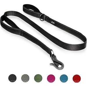 TwoEar 6FT 1IN Strong Black Dog Leash with 2 Padded Handles, Traffic Handle Extra Control, Comfortable Soft Dual Handle, Auto Lock Hook, Reflective Walking Lead for Small Medium and Large Dogs