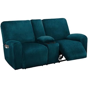 ULTICOR Ultimate Decor Reclining Love Seat with Middle Console Slipcover, 8-Piece Velvet Stretch Loveseat Reclining Sofa Covers, 2 seat Love seat Recliner Cover, Thick, Soft, Washable, (Deep Teal)