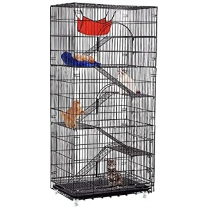 [US Warehouse] Fairnull 6-Tier Cat Cage Playpen Crate 76 Inch Large Rolling Kennel Enclosure Metal Pet Cat Kitten Ferret Animal House Home Cage Indoor Outdoor with 3 Doors & 1 Hammock
