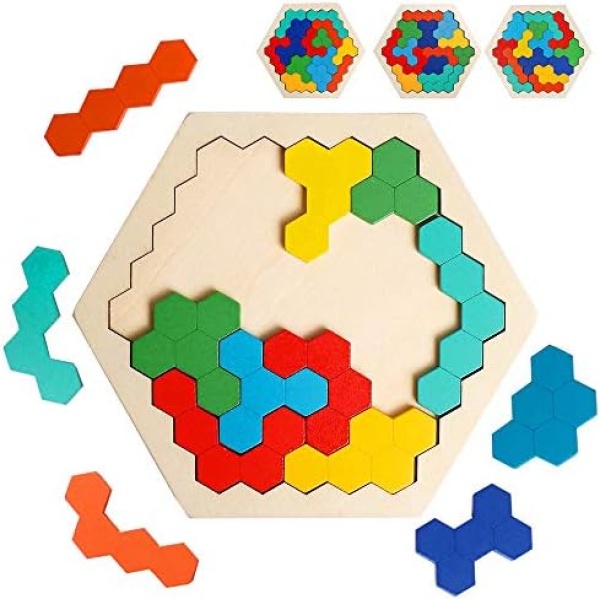USATDD Wooden Hexagon Puzzle for Kid Adult Brain Teaser Puzzles Challenge Toy Shape Pattern Blocks Tangram Geometry Logic IQ Games STEM Montessori Educational Gift for 4-8 Boys Girls (Rainbow)