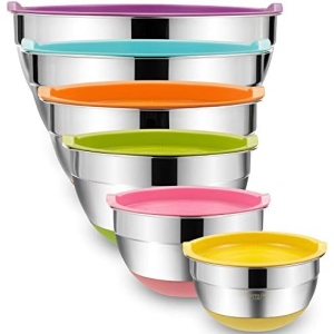 Umite Chef Mixing Bowls with Airtight Lids, 6 Piece Stainless Steel Metal Bowls, Measurement Marks & Colorful Non-Slip Bottoms Size 7, 3.5, 2.5, 2.0,1.5, 1QT, Great for Mixing & Serving
