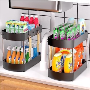 Under The Sink Organizer, SKYSEN Kitchen Cabinet Organizer, Bathroom Under Sink Organizers And Storage, 2 Pack - Strengthened Structure - Large Capacity - Stainless Steel Support (Uso-2)