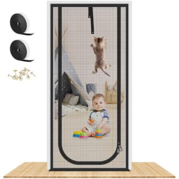 Upgraded Reinforced Cat Screen Door, 32X82” Heavy Duty Pets Proof Screen Door with Two Way Zips, Prevent Dogs Cats Running Out from Home, Bedroom, Living Room, Kitchen Patio Door