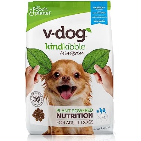 V-dog Vegan Mini Kibble Dry Dog Food (4.5 LB) Small Breed Dogs | Plant-Based Protein with Added Taurine for Sensitive Stomach and Skin | All Natural Made in US