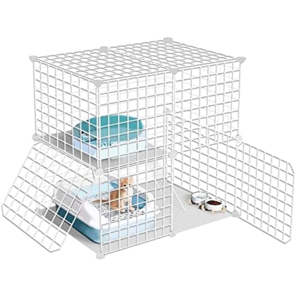 VCEPJH Cat Cages Indoor 2 Tier Kitten Cage Detachable Metal Wire Cat Kennel Crate DIY Pet Playpen Enclosures with 2 Door for Small Animals 29.5x19.2x28.7in(White)