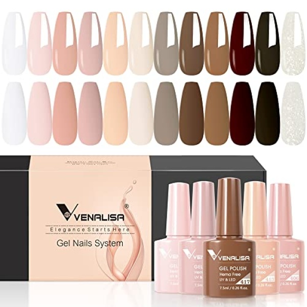 VENALISA Gel Nail Polish Set- 12 Colors Popular Nude Pink Brown White Gel Polish Kit, Soak Off LED Gel Nail Kit Manicure DIY Nail Art Home Salon Christmas New Year's Gifts for Girls