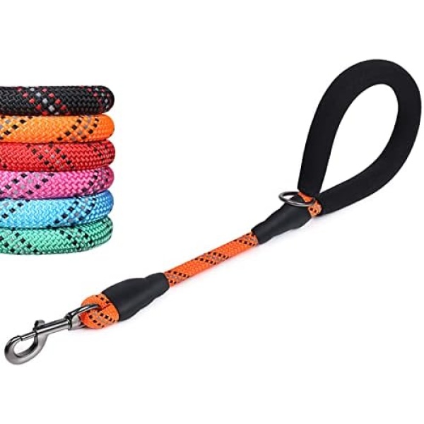 VIVAGLORY Short Dog Leash 18 in, Durable Mountain Climbing Reflective Rope Dog Lead with Soft Padded Traffic Handle for Large Dogs for Walking & Training, Orange