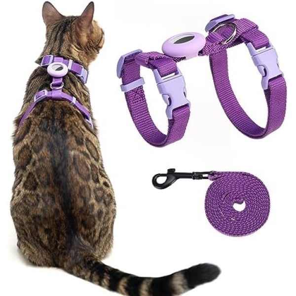 VKPETFR Cat Harness and Leash Set Escape Proof for Walking, Adjustable Cute Kitten Harness Leash with Airtag Holder for Small Large Cats, Lightweight Soft Walking Travel Harness (Purple)