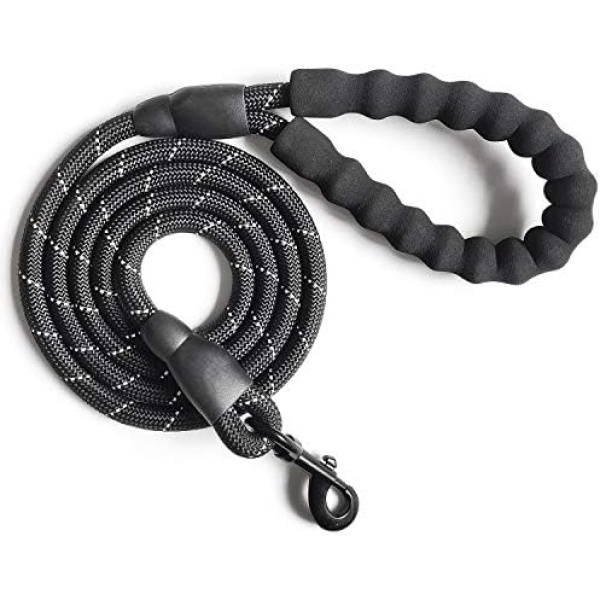 VLDCO 10 FT Strong Dog Leash Extra Heavy Duty Rock Climbing Rope Comfortable Padded Handle Highly Reflective Threads for Small Medium Large Dogs, 1/2 inch Diameter (Black Black)