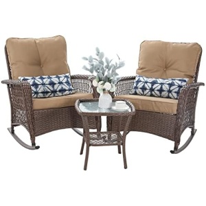 VONZOY 3-Piece Outdoor Rocking Chairs, Wicker Patio Furniture with Thickened Cushions and Table for Porch (Khaki)