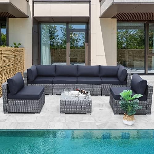 Valita 7 Piece Outdoor PE Wicker Furniture Set, Patio Gray Rattan Sectional Sofa Couch with Washable Dark Blue Cushions