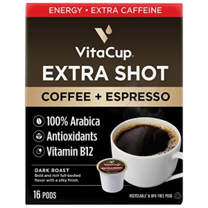 VitaCup Extra Shot Coffee Pods with Espresso Shot, “Red Eye” High Caffeine, Bold Dark Roast w/Vitamin B12, Antioxidants, Recyclable Single Serve Pod Compatible w/Keurig K-Cup Brewers, 16ct