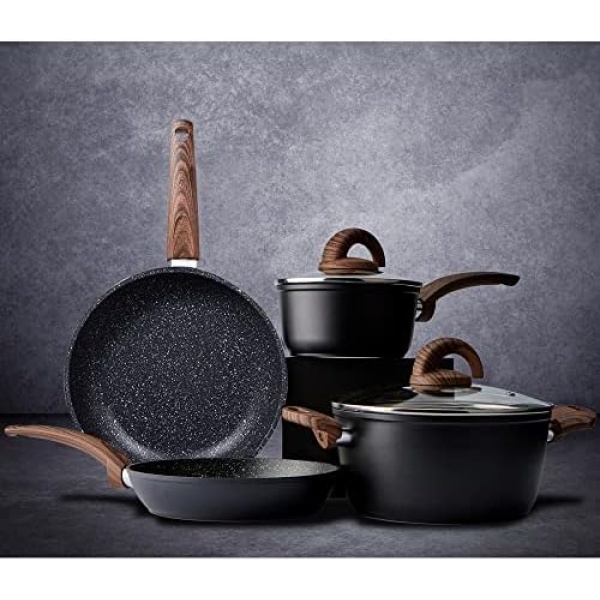 Vkoocy Nonstick Kitchen Cookware Set, Pots and Pans Set Healthy Induction Granite Cooking Set w/Frying Pans, Saucepans, Casserole, Dishwasher Safe, Black (PFOS, PFOA Free)