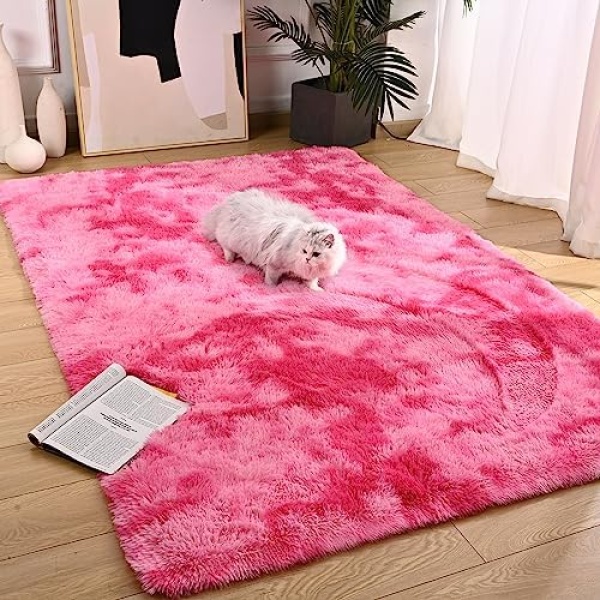 Vocrite Pink Area Rug for Girls Bedroom, Fluffy Shag Rugs for Living Room, Shaggy Furry Fuzzy Faux Fur Rug for Nursery Kids Room, Cute Pink Home Decor for Dorm Playroom 4x6 Ft, Hot Pink