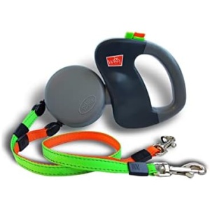 WIGZI (2 Two Dog Reflective Retractable Pet Leash – 360 Degree Zero Tangle Patent - Two Dogs Each up to 50 lbs and 10ft. Reflective Orange and Green Leads. Dual Locking, Small, Gray