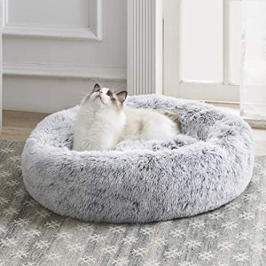Western Home Faux Fur Dog Bed & Cat Bed, Original Calming Dog Bed for Small Medium Large Pets, Anti Anxiety Donut Cuddler Round Warm Washable Cat Bed for Indoor Cats(20", Light Grey)