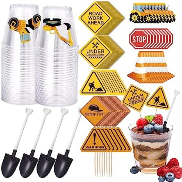 Whaline 200Pcs Construction Party Supplies 50Pcs Plastic Shovel Shape Novelty Spoons 50Pcs Cake Desserts Cups 50Pcs Construction Cupcake Toppers Stickers for Construction Themed Birthday Party