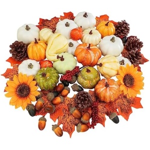 Winlyn 60 Pcs Assorted Small Artificial Pumpkins and Gourds with Acorns Pinecones Maple Leaves Sunflowers Fall Harvest Decoration Set for Thanksgiving Halloween Bowl Filler Table Centerpiece Wreaths