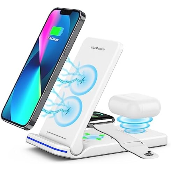 Wireless Charger, 3 in 1 Fast Charging Station, Folding Travel Wireless Charger Stand for iPhone 14,13,12,11/Pro/Max/Plus, X,XR, XS/Max,SE, 8/Plus,Apple Watch 1-8,Airpods 3/2/Pro(No Adaptor，White)