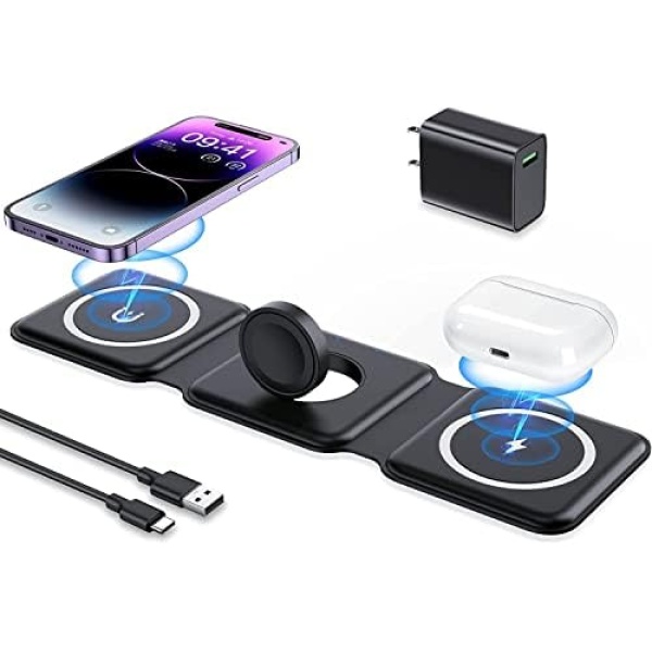 Wireless Charger 3 in 1, Magnetic Foldable Wireless Charging Station for iPhone 14/13/12/11 Pro Max/X/Xs Max/8/8 Plus, AirPods 3/2/pro, iWatch Series 7/6/5/SE/4/3/2 (Adapter Included