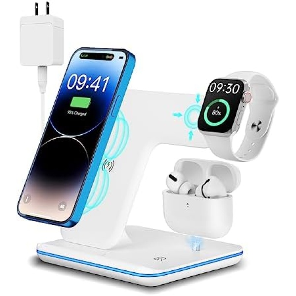 Wireless Charger, 3 in 1 Wireless Charging Station for iPhone 14/13/12/11/Pro/Max/XS/XR/X/8/Plus, Wireless Charger Stand for Apple Watch 8/7/6/5/4/3/2/SE,for AirPods with QC3.0 Adapter(White)