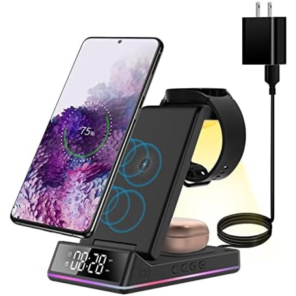 Wireless Charger with Clock/Alarm for Samsung Charging Station, 3 in 1 Android Phone Multiple Devices Charger for Galaxy S22 Ultra/S21/Z Flip/Fold 4/Buds/Galaxy Watch 5/Pro/4/3(Only for Samsung Watch)