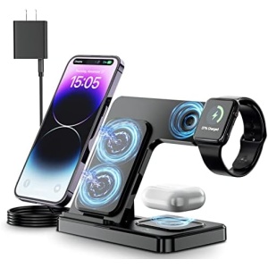 Wireless Charger,XevenOx Fast Wireless Charging Station,3 in 1 Charging Station Stand for iPhone 14/13/12/11(Pro, Pro Max)/XS/XR/XS/X/8(Plus),Apple Watch 8/7/6/SE/5/4/3/2,AirPods 3/2/pro… (Black)