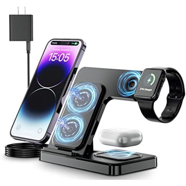 Wireless Charger,XevenOx Fast Wireless Charging Station,3 in 1 Charging Station Stand for iPhone 14/13/12/11(Pro, Pro Max)/XS/XR/XS/X/8(Plus),Apple Watch 8/7/6/SE/5/4/3/2,AirPods 3/2/pro… (Black)