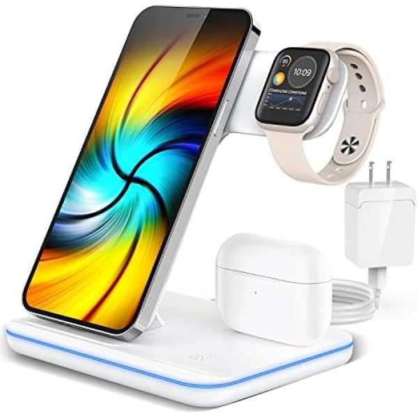 Wireless Charging Station, 2023 Upgraded 3 in 1 Wireless Charger Stand with Breathing Indicator Compatible with iPhone 14/13/12/11 Pro/XS, AirPods 3/2/1/pro 2, iWatch Series 8/7/6/5/4/3/Ultra