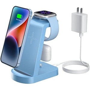 Wireless Charging Station - 3 in 1 Wireless Charger for iPhone 14/13 Pro/13/12/11 Pro Max/X/Xs/8/8 Plus,Wireless Charging Stand Dock for Apple Watch Series AirPods 3/2/1/pro(with Adapter)(Blue)