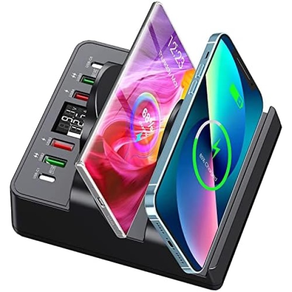 Wireless Charging Station with 6 USB Ports, 8 in 1 15W Dual Wireless Charger Station, 2 QC/2 PD USB Fast Charging Station, 80W Phone Charger for iPhone14/13/12/11/X/Xr/Xs/8/Samsung/Android/iWatch