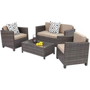 Wisteria Lane Patio Furniture Set, 4 Piece Outdoor Conversation Sets, Wicker Sofa Set with Cushion for Garden Deck Porch (Grey)